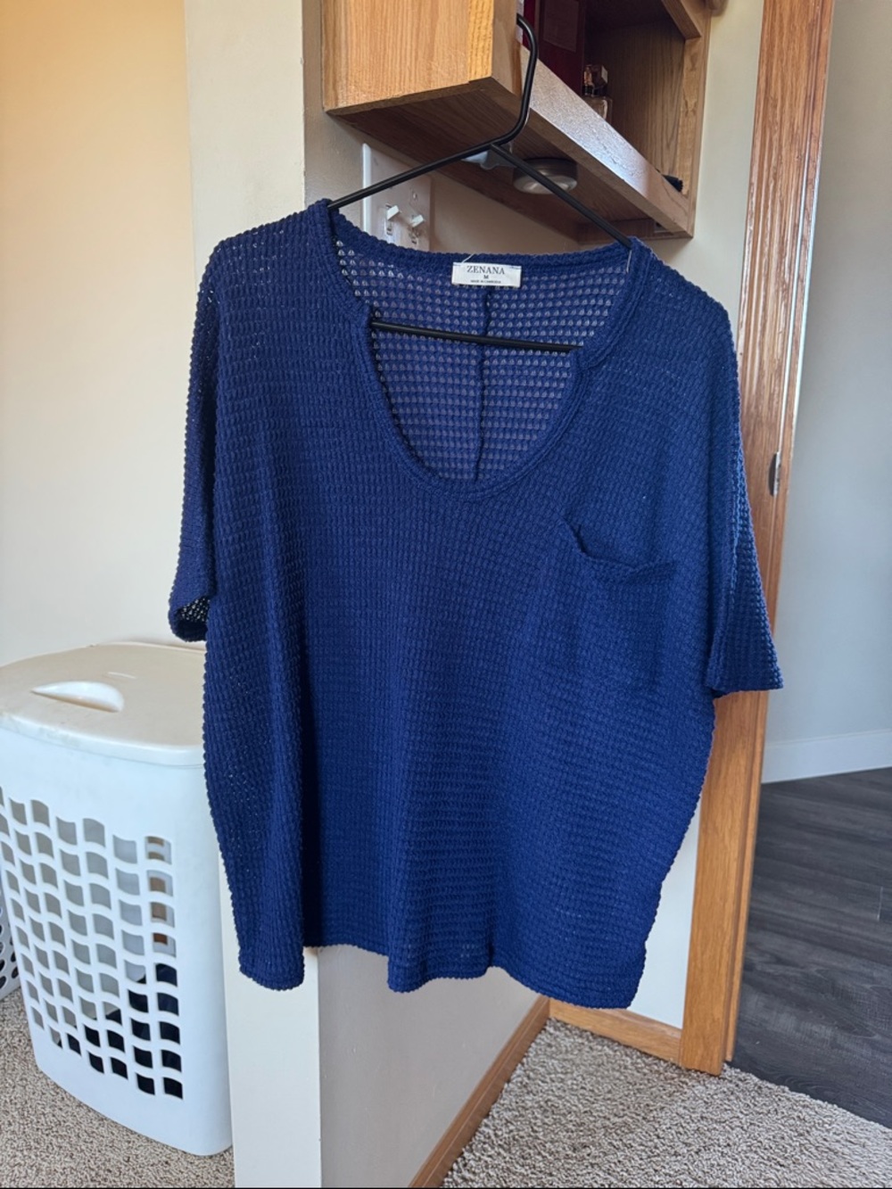 Zenana Outfitters Navy Open-Knit Short Sleeve Pocket Tee